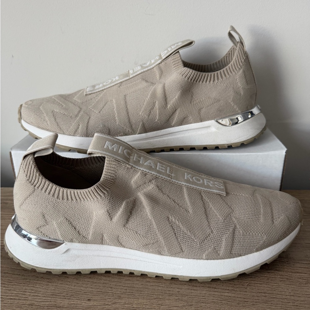 Michael Kors Beige Knit Slip-On Sneakers with Silver Accent